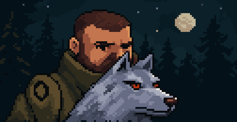 The Beastmaster, a bearded hunter with a grey wolf, under a full moon