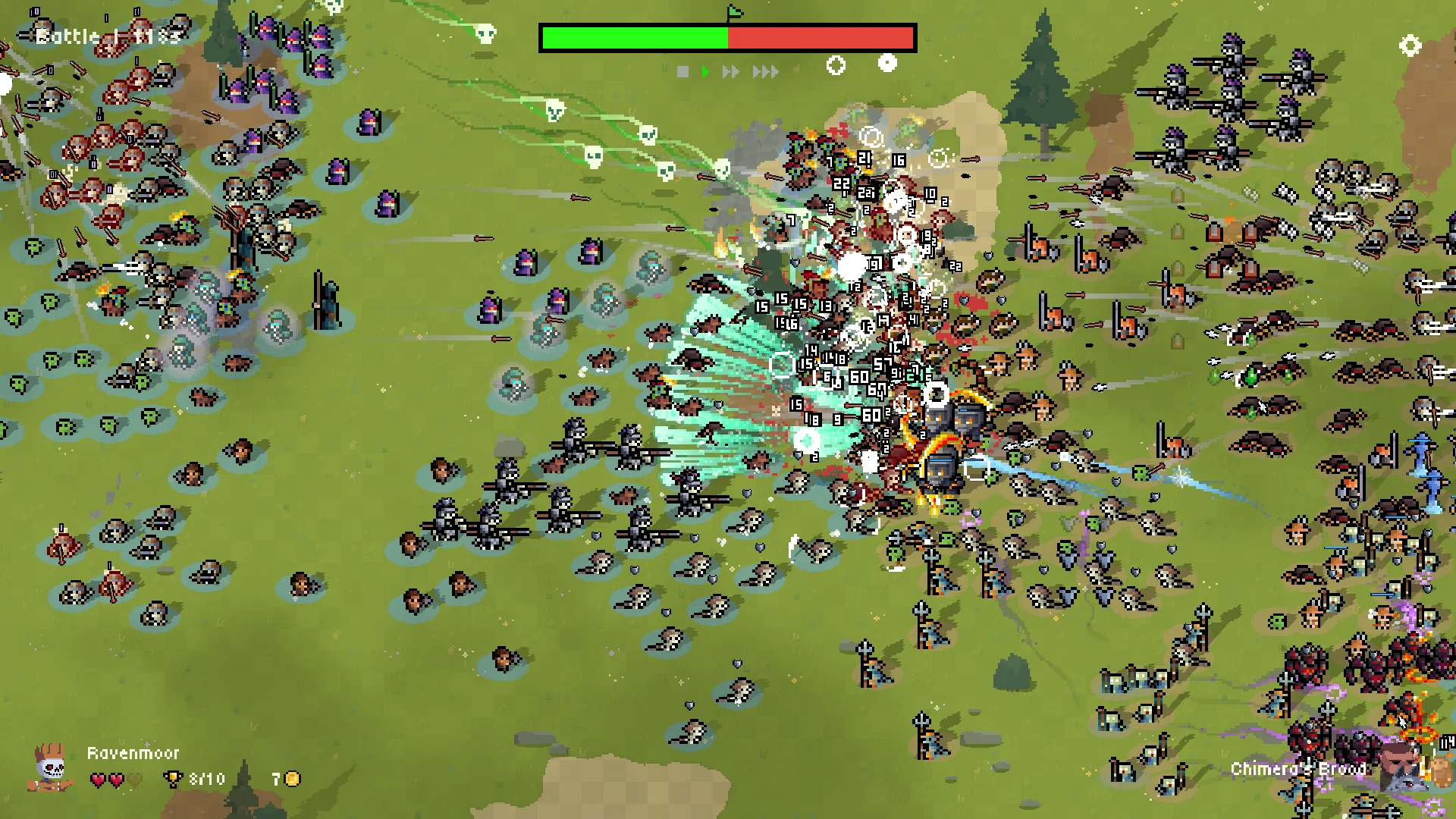 A ladder battle in progress, with the balance bar at the top and both commanders' names on screen